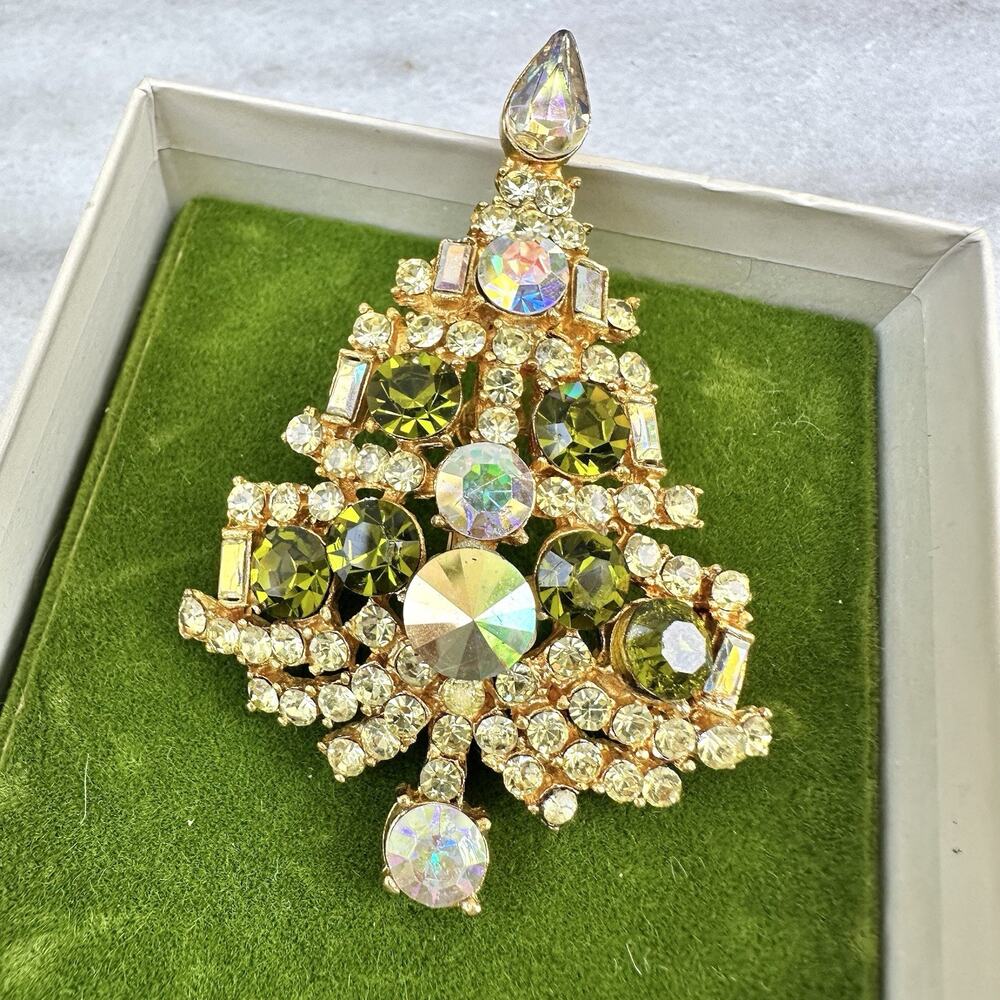 Vintage Christmas Tree Brooch Czech Style AB Rhinestones Olive Green Gold Tone